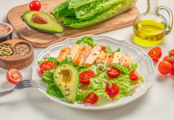 Fresh green salad with grilled chicken fillet, Complex of proteins, fats and carbohydrates