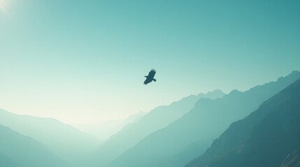 Obraz premium A lone hawk soars through the air above a mountain range.