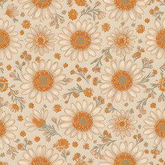 Seamless Wallpaper with Simple Daisy Shapes on Soft Beige Fabric
