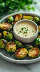 Delicious roasted brussels sprouts served with creamy ranch and honey mustard sauce, perfect for a comforting meal on a marble table