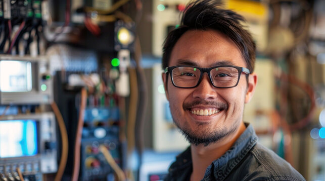 Young Asian male electrician with a confident smile, working near a detailed electrical panel, casual attire.