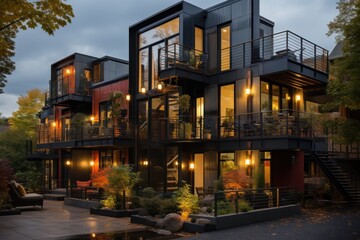 Modern multi-story building illuminated at dusk, showcasing contemporary architecture.