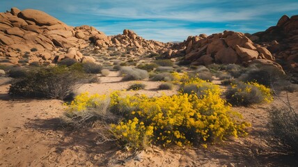 Obraz premium Bright yellow flowers in a rocky desert landscape with blue sky