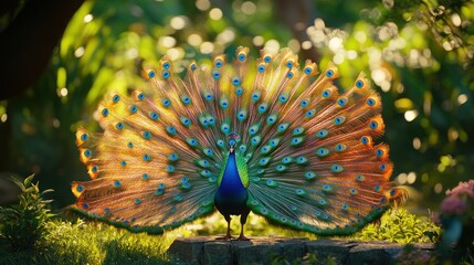 Obraz premium A vibrant peacock with its feathers fully spread, showcasing its iridescent colors against a lush green backdrop.