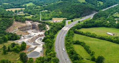 Sand open-pit mining quarry with processing plant for crushed stone. Extracting of natural resources for construction industry