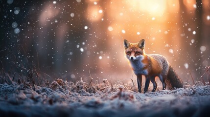 A red fox stands in a snowy forest, bathed in the golden light of the setting sun.