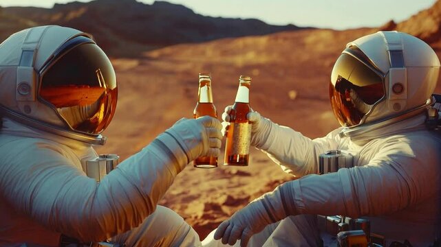 Astronauts celebrate in an alien environment, clinking beer bottles as the sun sets behind rocky terrain, creating a joyful moment