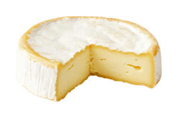 Wedge of soft Neufchtel cheese with white rind isolated on white background, concept of French dairy products and gourmet food