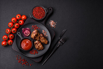 Pieces of beef meat cut into slices, marinated with salt and spices