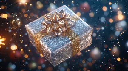 Sparkling gift box with golden bow and festive lights