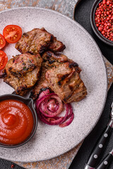 Pieces of beef meat cut into slices, marinated with salt and spices