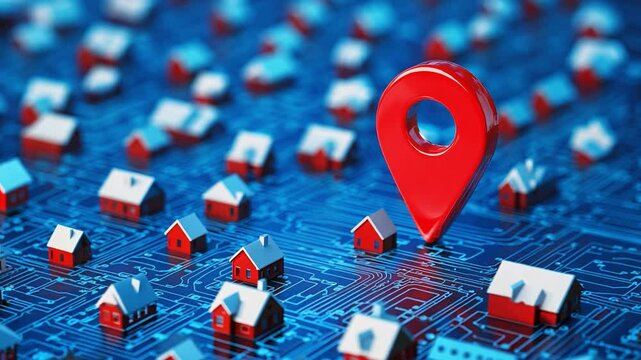 A bold red pin stands out on a blue circuit board with tiny houses, symbolizing the fusion of tech and logistics