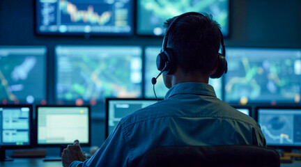 A man wearing headphones is sitting in front of a computer monitor with several screens