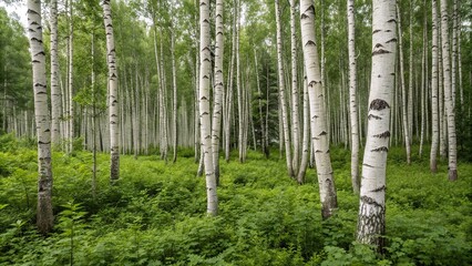 Naklejka premium Many birches stand together in a cluster amidst the undergrowth of a dense forest floor, snow covered, nature, tall trees, serene environment