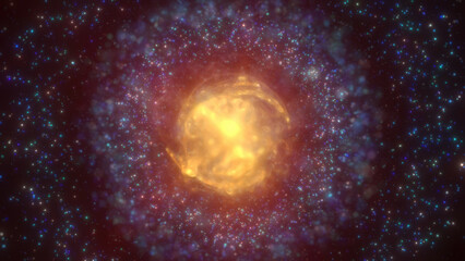 A golden, luminous nebula sphere with surrounding star-like particles in a cosmic space scene, exuding warmth and mystique background