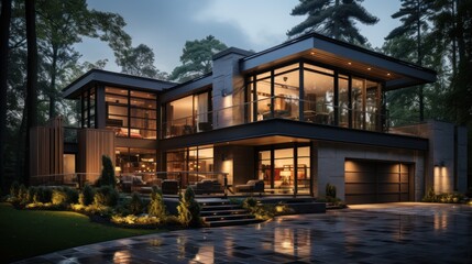 Obraz premium Modern house surrounded by trees, showcasing sleek design and outdoor living spaces.