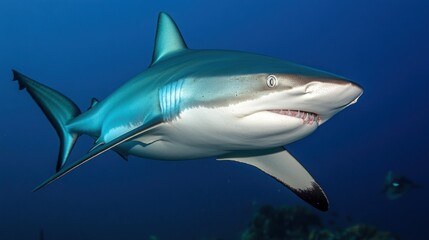 Obraz premium A blacktip reef shark swims in the blue ocean with its mouth slightly open.