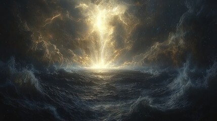 A powerful lightning strike illuminates the stormy ocean, with dark clouds filling the sky above.