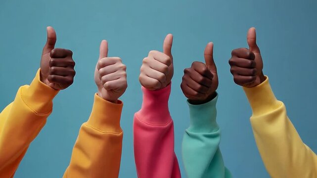 Five hands of diverse people show thumbs up, symbolizing agreement and enthusiasm against a bright blue backdrop, wearing colorful longsleeves