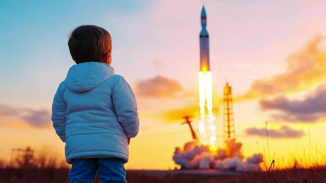 A young child boy gazes up in awe as a rocket lifts off into the evening sky under a colorful sunset, dreaming about space travel