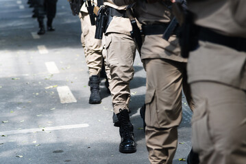 Military police soldiers are seen parading on Brazilian Independence Day. Salvador, Bahia.