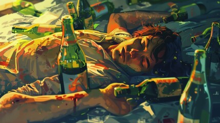 Person Passed Out Among Empty Alcohol Bottles