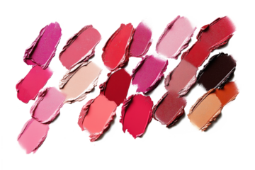 Collection of assorted lipsticks in various colors and textures. Grid of 16 distinct lipsticks with pink, red, purple, and blue shades. Meticulously arranged for visually appealing pattern. Isolated.