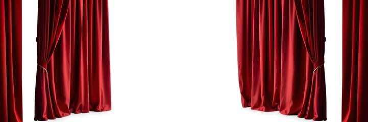 Red theatre curtains on white background, drapes, drama stage sets