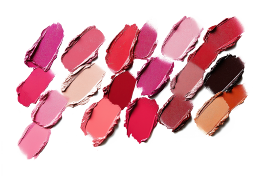Collection of assorted lipsticks in various colors and textures. Grid of 16 distinct lipsticks with pink, red, purple, and blue shades. Meticulously arranged for visually appealing pattern. Isolated.