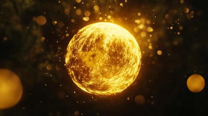 A glowing golden orb, suspended in mid-air against a dark backdrop, with subtle sparkles enhancing its magical quality