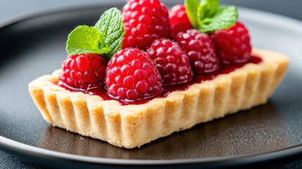 Raspberry tart with fresh mint on a black plate, AI