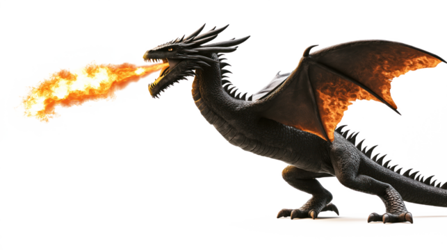 Majestic black dragon with spread wings, fiery red tongue, striking red, black wing pattern. Gray platform, alpha background. Black dragon body, white head, tail, red, black wings, fierce appearance.