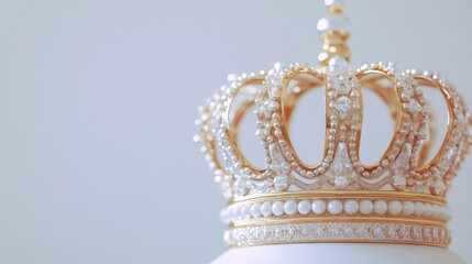 Fototapeta premium A luxurious gold crown, elegantly placed against a smooth white background, with intricate detailing that catches the light