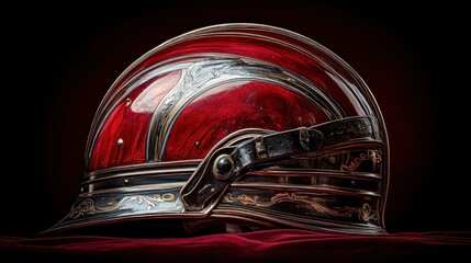 A red and gold helmet with ornate details sits on a velvet cloth.