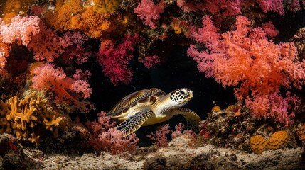 A sea turtle swims through a vibrant coral reef.