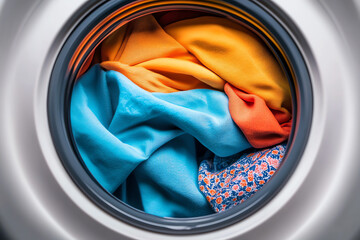 Close-up of Colorful Clothes Inside a Washing Machine