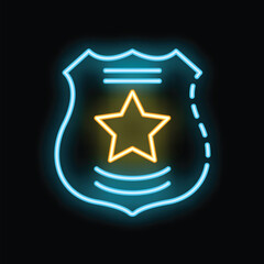 Glowing neon police badge with a bright yellow star is depicted against a dark background