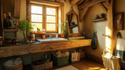 A rustic bathroom with a wooden countertop, a white porcelain sink, and a window with a view of the outdoors.