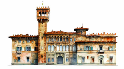Obraz premium Palazzo vecchio florence landmark. isolated watercolor illustration on white background. Italian Renaissance Piazza. Illustration