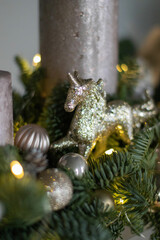 Christmas floral composition of fresh Nobilis. Cotton flowers spruce, sparkling ornaments. Holiday concept. Happy New Year decorations. Ideal decoration article for office and home tables.