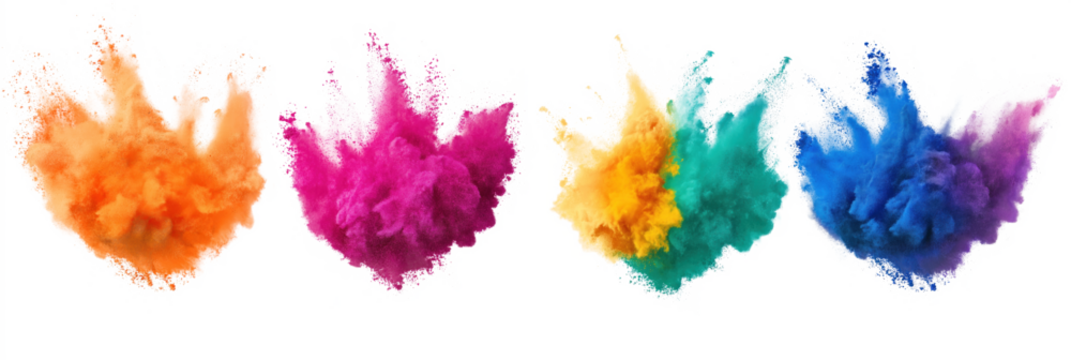 Vibrant colors in gradient of hues from dark brown to transparent. Scattered colors create depth, dimension. Collage of objects like red flower, blue bird, yellow flower. Gray border provides neutral