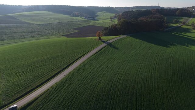 Aerial fly over Bavarian Autumn nature landscape close to Pfaffenhofen city