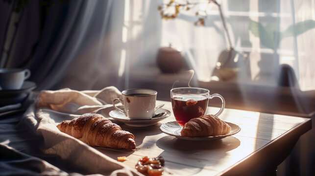 Cozy breakfast tray with croissants and hot drinks by the window, casting warm sunlight across the setting.