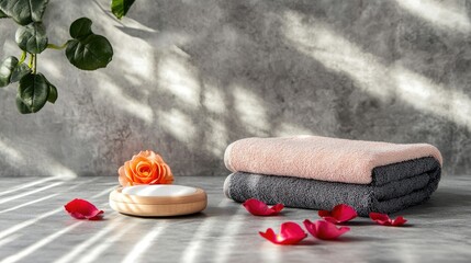Cozy Spa Setting with Towels and Rose Petals