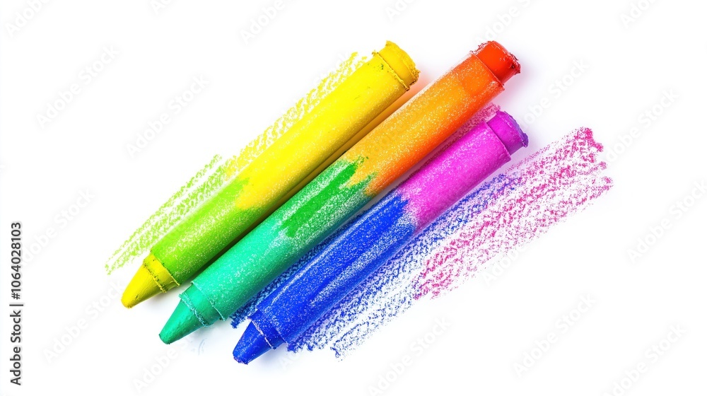 Leinwandbilder vibrant crayons in rainbow order, arranged in triangular formation against white background. crayons