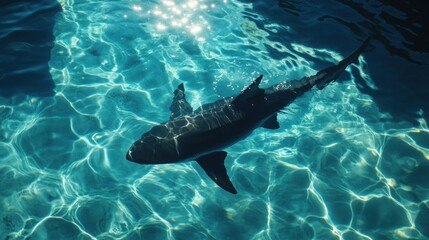 Obraz premium A shark swims in crystal-clear blue water, sunlight reflecting off the surface.