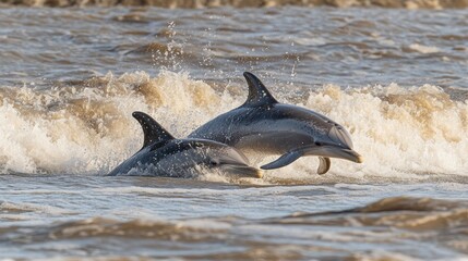 Naklejka premium Two playful dolphins leap from the water, creating a splash.
