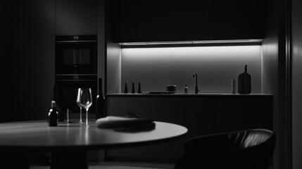 Modern kitchen with minimalist design, featuring a sleek countertop, integrated appliances, and a dining table set for two.