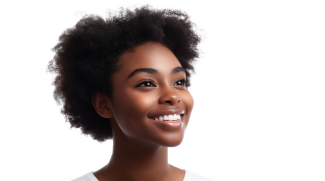 Black woman with happy, relaxed expression. Close-up of face with big smile and slightly closed eyes. Afro-style hair adds movement and energy. Plain isolated background contrasts with vibrant colors.