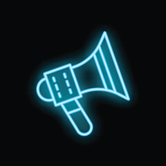 Neon blue megaphone glowing on a black background, perfect for any project needing a retro touch